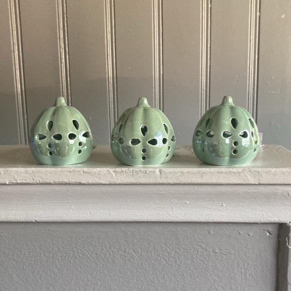NWT Set of 3 LED Light Up Ceramic Pearl Glazed Petal Cutout Pumpkin Decorations - Picture 10 of 17